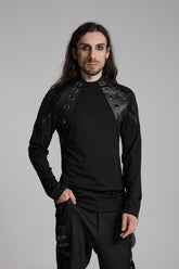 Black Round Collar Long Sleeves Mesh Pleated Loop Men's Punk Blouse